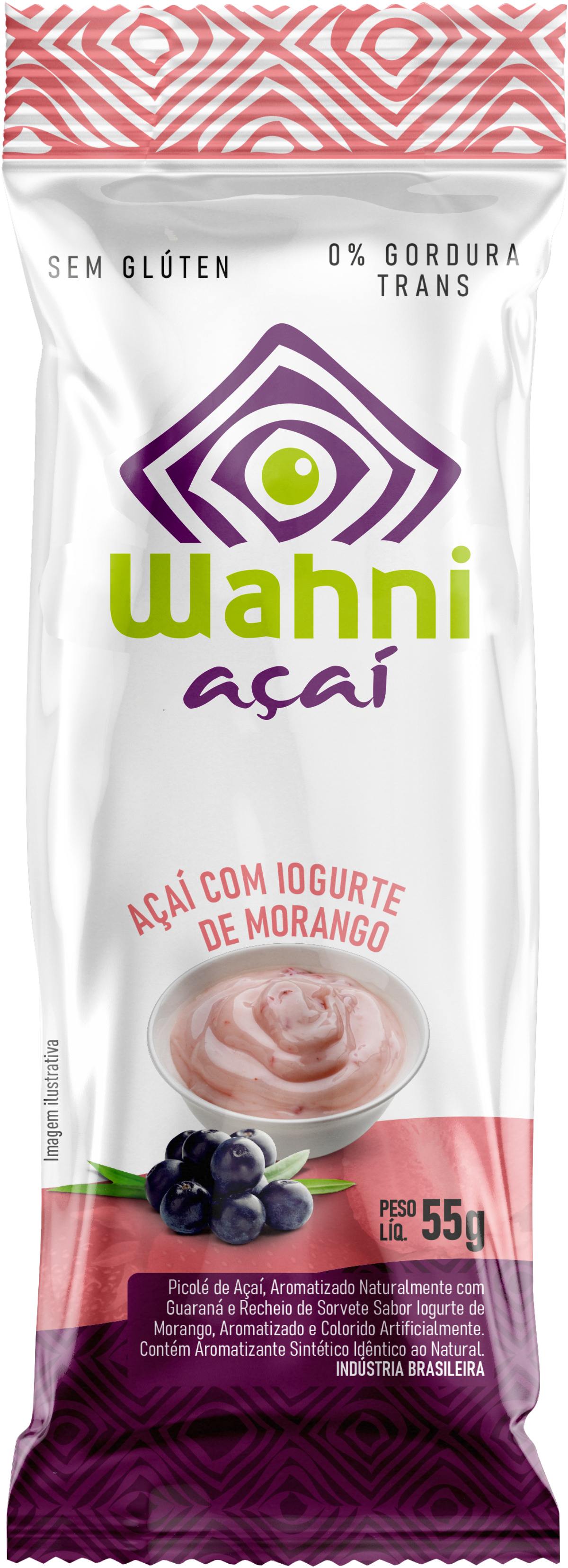 Picolé Wahni Açaí Original com Recheio de Sorvete de Iogurte de Morango