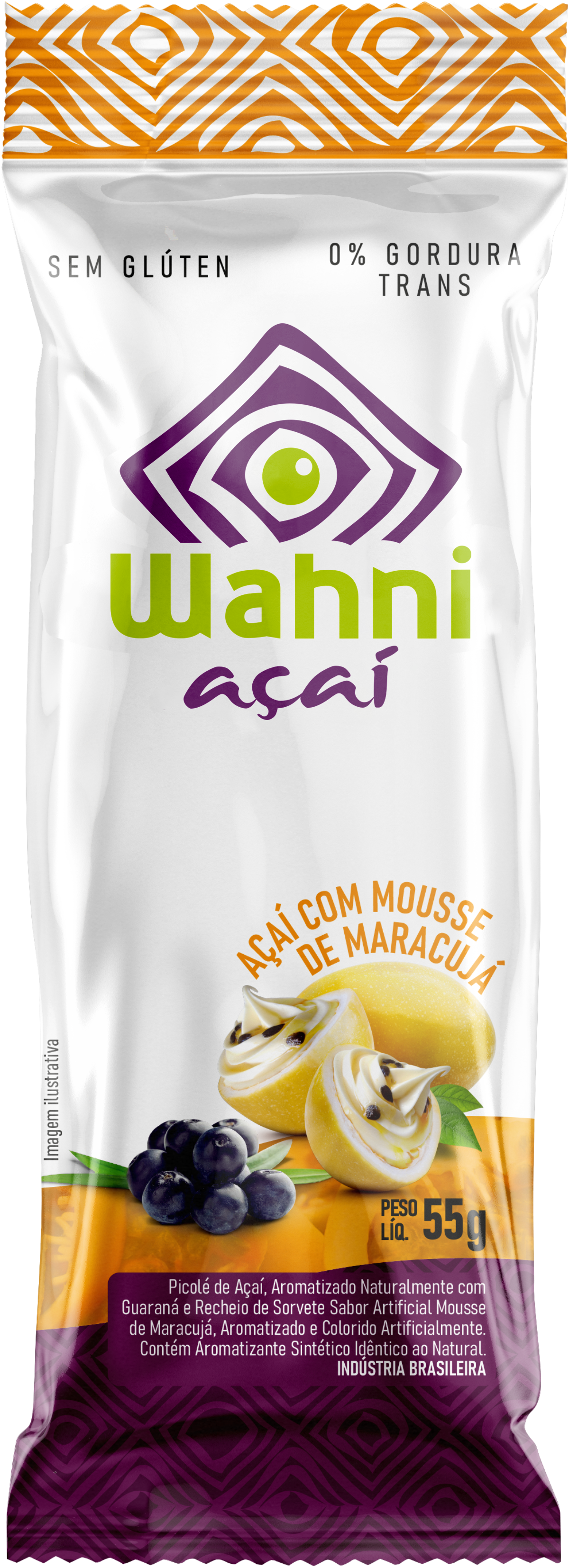 Picolé Wahni Açaí Original com Recheio de Sorvete de Mousse de Maracujá